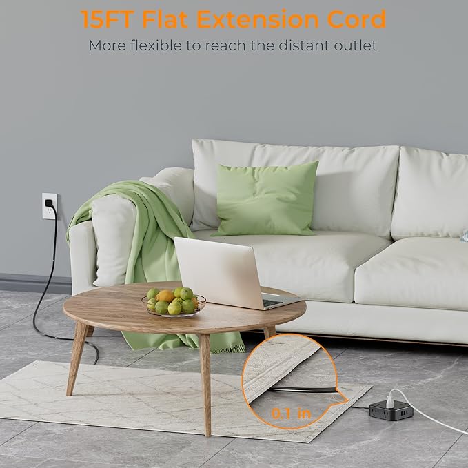 15 FT Extension Cord, TESSAN Ultra Thin Flat Plug Power Strip Surge Protector with 8 Outlets 3 USB Charger(1 USB C), 900J Surge Protection Charging Station for Home Office Dorm Room Essentials, Black