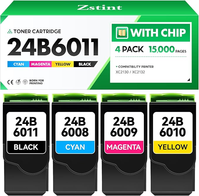24B6011 24B6008 24B6009 24B6010 Toner Cartridge Set（4-Pack Black Cyan Magenta Yellow with chip） Replacement for XC2132 XC2130 Toner Compatible with Lexmark XC2132 XC2130 Laser Printer Ink All-in-One