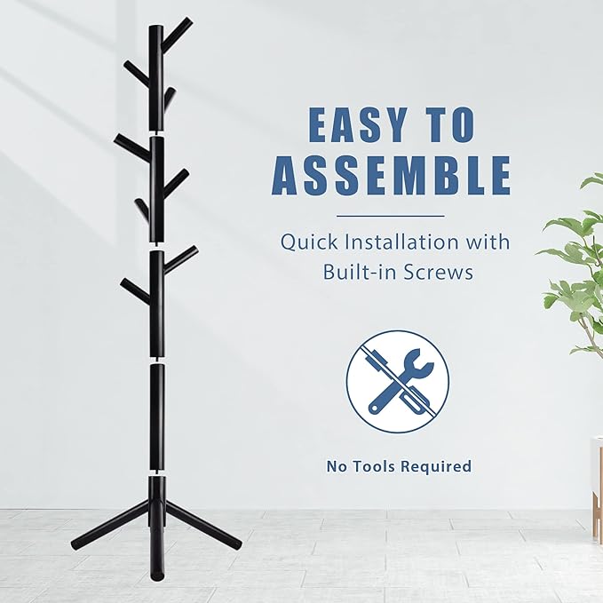 Haddockway Wooden Coat Rack Stand with 8 Hooks New Zealand Pine 3 Adjustable Coat Standing Tree Easy Assembly for Coats, Hats, Scarves and Handbags for Entryway, Hallway, Bedroom, Office