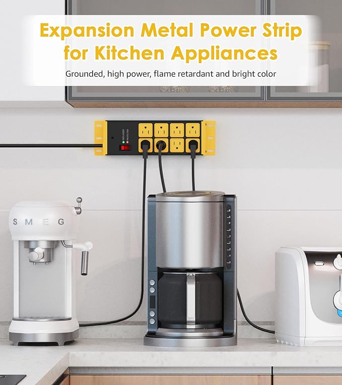 HHSOET 2 Pack Heavy Duty Power Strip 8 Outlets, Metal Wall Mount Outlet Strip 4800J Surge Protector, Garage Shop Under Desk Mountable 5FT Extension Cord Plug.