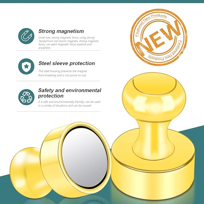 22 Pack Fridge Magnets Strong Magnets for Whiteboard, Push Pin Refrigerator Magnet Small Strong Rare Earth Magnets Neodymium Magnet for Office, Classroom, Kitchen, Home, Gold