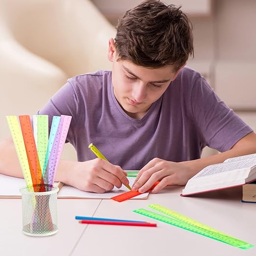 Fumete 300 Pack 12 Inch Plastic Rulers Bulk for Classroom Back to School Supplies Flexible Transparent Assorted Color Ruler with Centimeters and Inches for Office Teacher Student