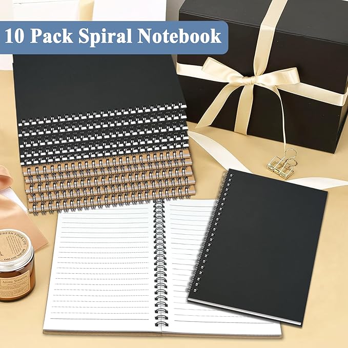 GINMLYDA Small Spiral Notebook A5, 10Pack 120 Lined Pages 8.25x5.5 Inches Spiral Journal Kraft Cover Notebooks & Writing Pads for School Home Office Aesthetic Sketch Drawing Note