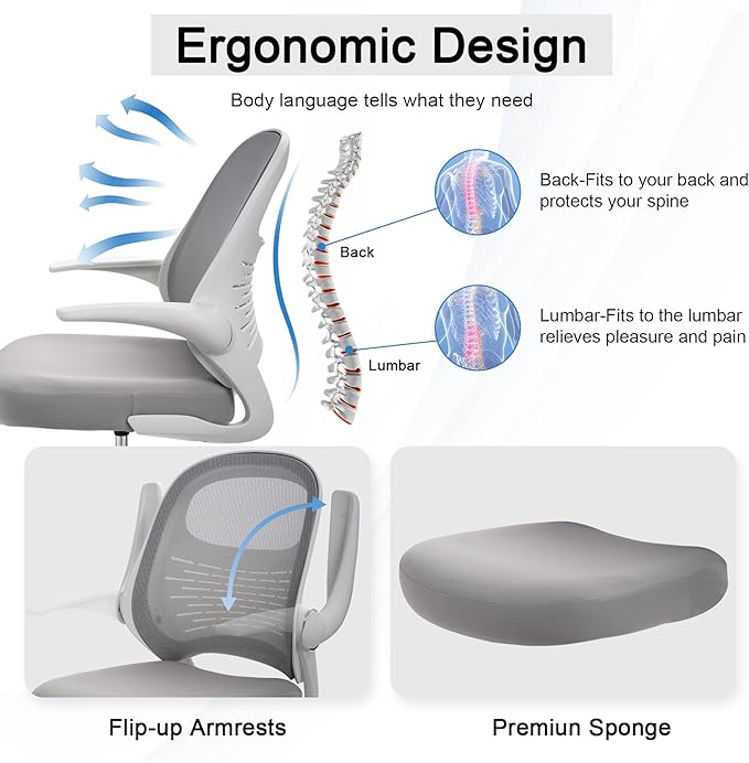 HYLONE Tall Drafting Chair Standing Desk Chair with Flip-Up Armrests, Adjustable Height Ergonomic Office Chair with Footrest Ring - High Stool Chair for Standing Desk (Light Grey)