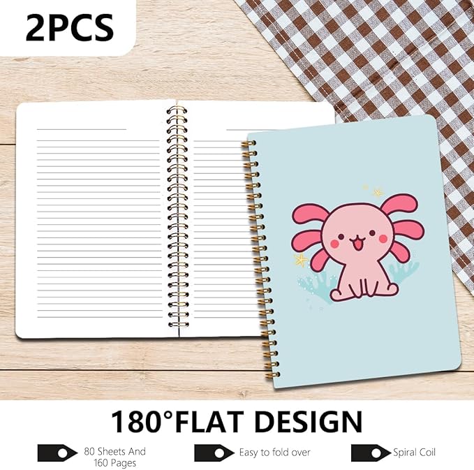 2 Pcs Axolotl Spiral Notebooks for Work, A5(8.3x5.8inch) Composition Notebook College Ruled Note Book, Cute Animal Hardcover Notepads Diary Lined Travel Journal for Writing, Axolotl Gifts for Women