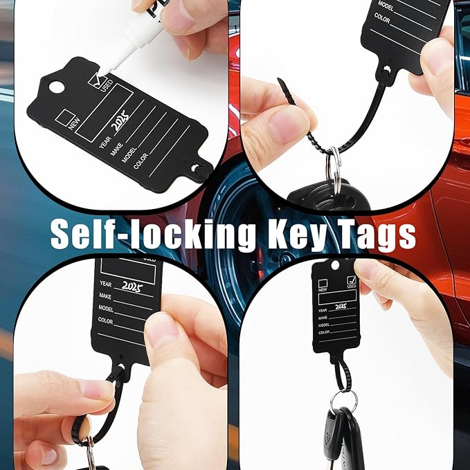 200 Car Key Tags with Labels Plastic Car Dealership Key Tags Self Locking Automotive Identifiers Blank Shop Labels with One Pen (Black)