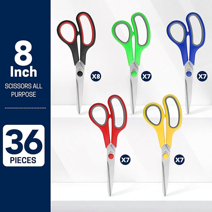 36 Packs 8" Multipurpose Scissors, Ultra Sharp Blade Shears, Comfort-Grip Handles, Sturdy Sharp Scissors for Office Home School Sewing Fabric Craft Supplies, Right/Left Handed