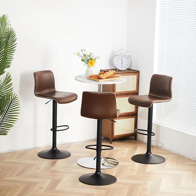 HeuGah Bar Stools Set of 3, Swivel Counter Height Barstools with Back, Adjustable Height 24" to 32", Brown Faux Leather Bar Chairs for Kitchen Island (Brown, Set of 3 (24'' to 32''))