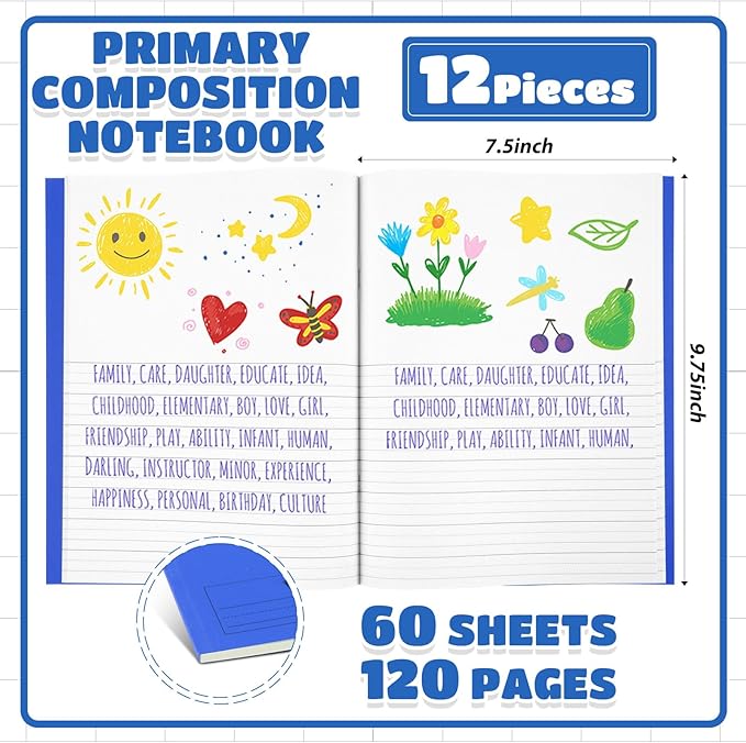 Henoyso 12 Pcs 120 Pages Primary Composition Notebooks K-2 9 3/4 x 7 1/2 Inch Journals Primary Journals Blank Books for Kids to Write Stories Kindergarten (Blue)