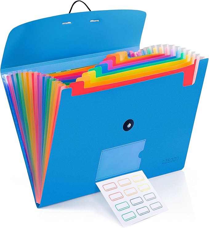 13 Pocket Expanding File Folder Accordian File Organizer, A4 Letter Size Paper Document Receipt Holder for School Office Supplies, Blue
