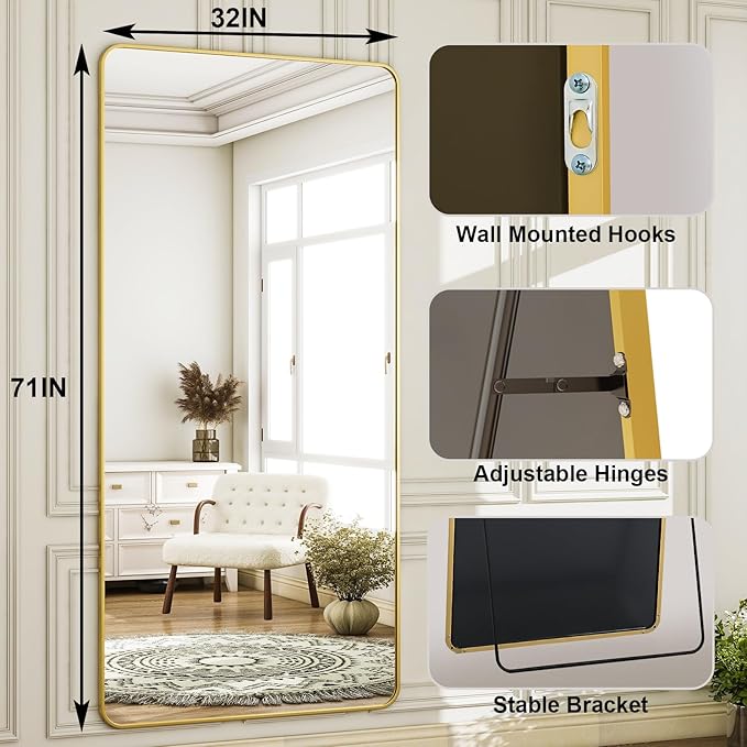 HARRITPURE 71x32 inch Rounded Full Length Mirror Aluminum Frame Gold Mirror Full Length Floor Mirror with Stand for Living Room Bedroom Cloakroom