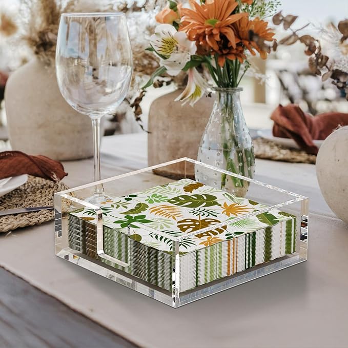 HIIMIEI Acrylic Napkin Holder for Table: Square Cocktail Napkin Dispenser, Flat Guest Towel Holder Tray, Disposable Hand Towel for Bathroom, Kitchen, Bar, Dinner, Party（Clear）