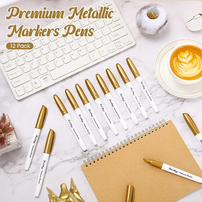 12 Pcs Metallic Permanent Markers Bulk Gold Silver Pens Fine Point Metallic Paint Markers for DIY Crafts, Gift Card Making, Artist Illustration (Gold)