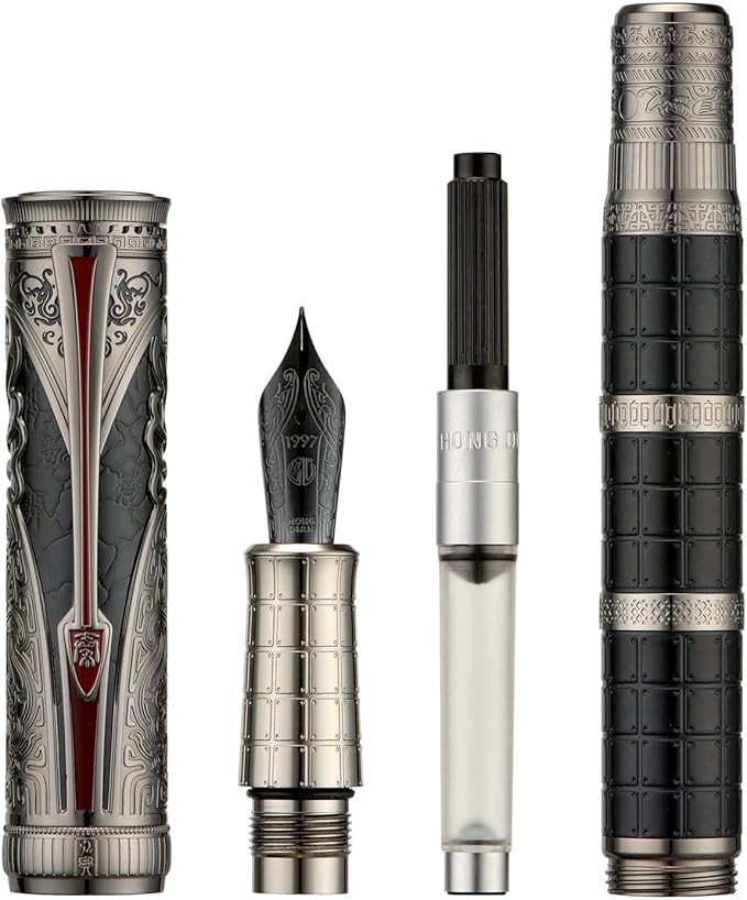 Hongdian D5X Fountain Pen Extra Fine Nib Black Color, Qin Dynasty Retro Chinese Totem Engraving Smooth Writing Pen with Converter and Pen Box Set