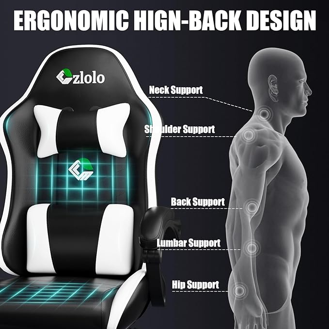 Gaming Chair, Ergonomic Office Computer Chair with Footrest and Lumbar Support Massager Racing Style High Back Video Gamer Chair, Wide＆Thick Cushion, 90°-135° Recline, Adjustable Height, White