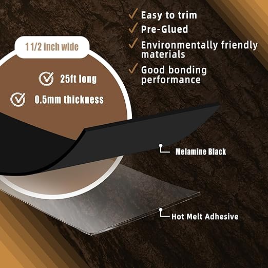 GSCIT Club Black Edge Banding, 1 1/2 Inch x 25ft Melamine With Hot Melt Adhesive Preglued Cabinet Flexible Black Veneer Edging