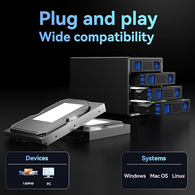 4 Bay Hard Drive Enclosure with Cooling Fan for 2.5/3.5" SATA HDD/SSD with USB A/C 3.0 Cable, Tool-Free HDD Enclosure, 3.5 Hard Drive Enclosure Support 80TB, Hot Swappable(NO RAID/NAS)
