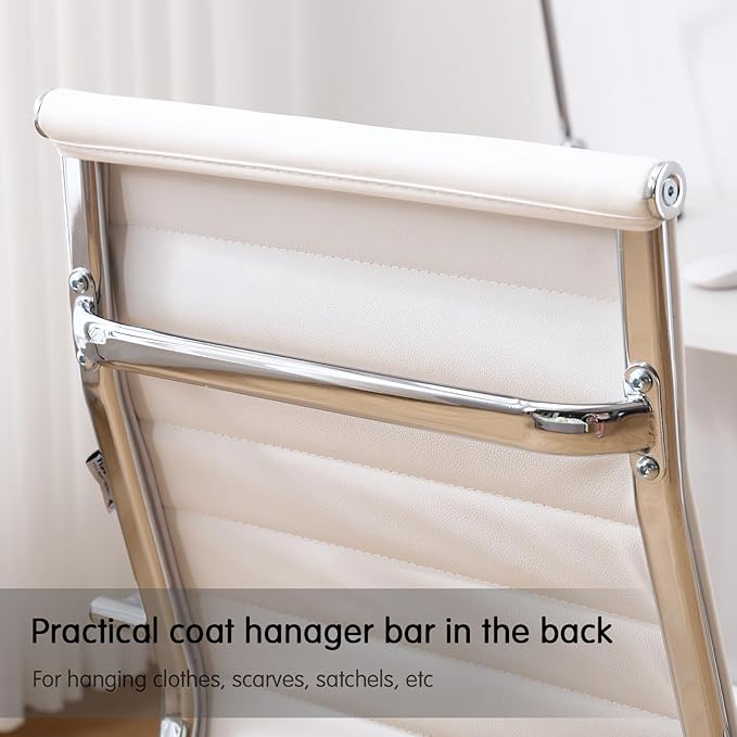 Home Office Chair Ribbed, Modern Leather Conference Room Chairs, Ergonomic Office Desk Chair, High Back Executive Computer Chair, Adjustable Swivel Chair with Arms (White)