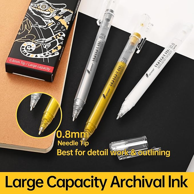 3 Colors 0.8mm Extra Fine Point 6-Pack Gel Pen Set – White, Gold & Silver Gel Ink Pens for Artists Drawing on Black Paper, Sketching, Bullet Journaling & Crafting