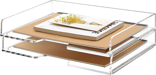 2 Pack- Stackable Paper Letter Tray, Enlarged A4 File Desk Organizer Acrylic Desk Organizers and Accessories Sorter Tray, Clear Workspace Office Supplies Organizers, 13.78inx9.25inx3.62in