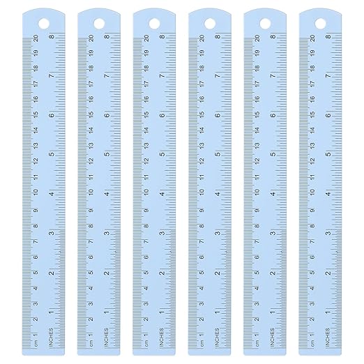 HARFINGTON 6pcs Metal Straight Ruler 20cm Metric SAE Aluminum Alloy Measuring Rulers Scale Tool with Hole for Measure Study Reading Classroom Office, Light Blue
