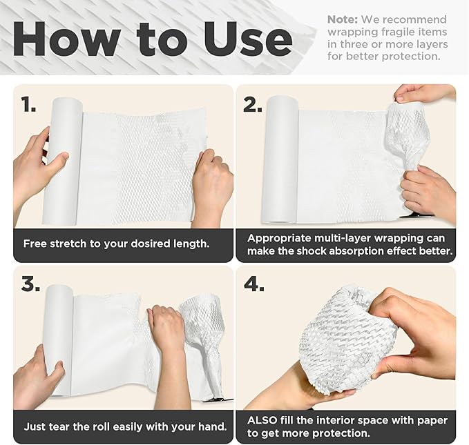 Honeycomb Packing Paper, 12"x400' White | Perforated Honeycomb Packing Paper Recyclable Moving Supplies for Shipping & Moving | Plastic-Free Alternative to Bubble Cushion Wrap with 36 Fragile Stickers