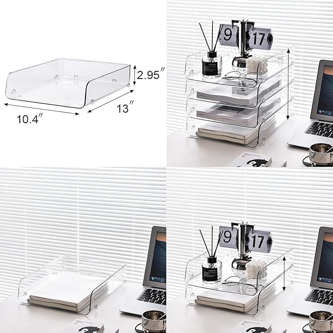 Gagee 2 Pack Paper Organizer for Desk,Clear Stackable Paper Sray, Office Desk Organizer for Notes, Pens, File, Document, Paper Holder ﻿