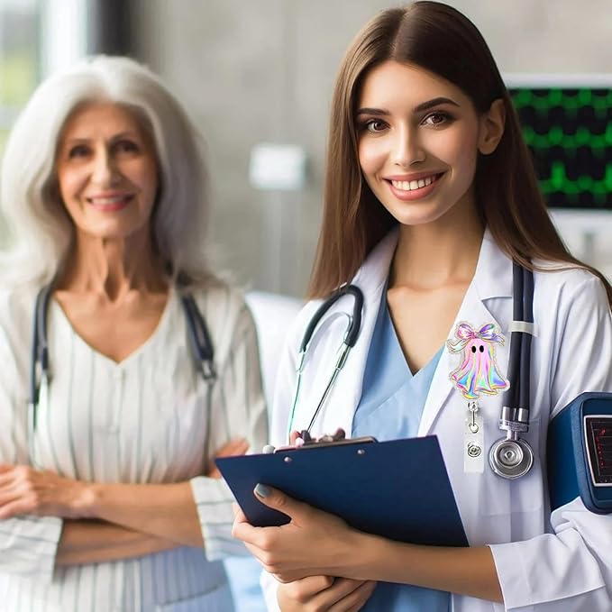 Halloween Badge Reel Retractable ID Name Holder Fun Cute Ghost with Bow Badge Charm Designs Acrylic Cartoon Spooky ID Badge Holder with Alligator Clip for Students Nurses Teachers ID Clip