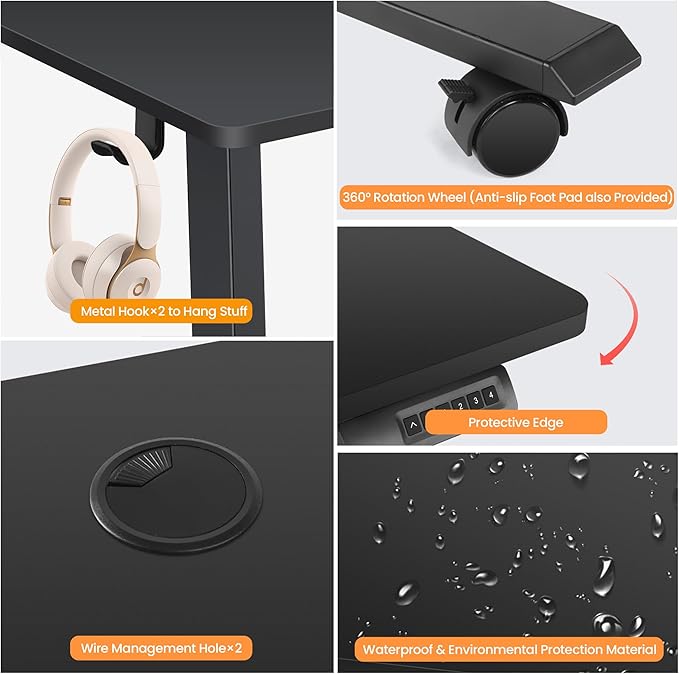 Himimi Electric Standing Desk 48 x 24 inch for Home Office,Sit-Stand Adjustable Desk with Memory Presets,Height Adjustable Desk for Gaming/Working,Free Hook, Lockable Wheels,Black