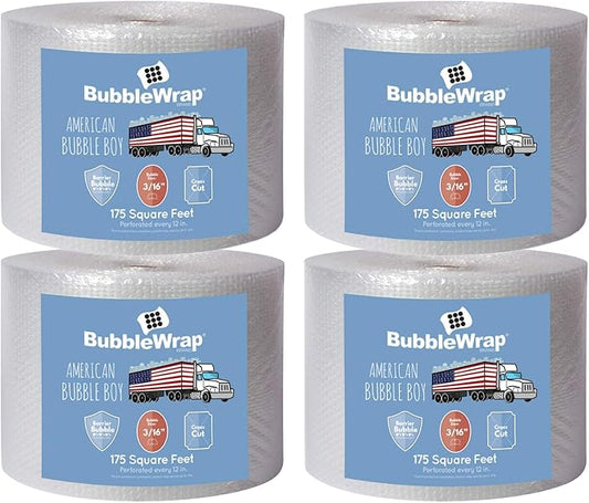 4 large rolls of Bubble Wrap total 700 feet, small bubble wrap 3/16 cushioning, 700 ft, heavy duty, perforated Every 12" Made in the USA by American Bubble Boy, bulk bubble wrap for moving, shipping