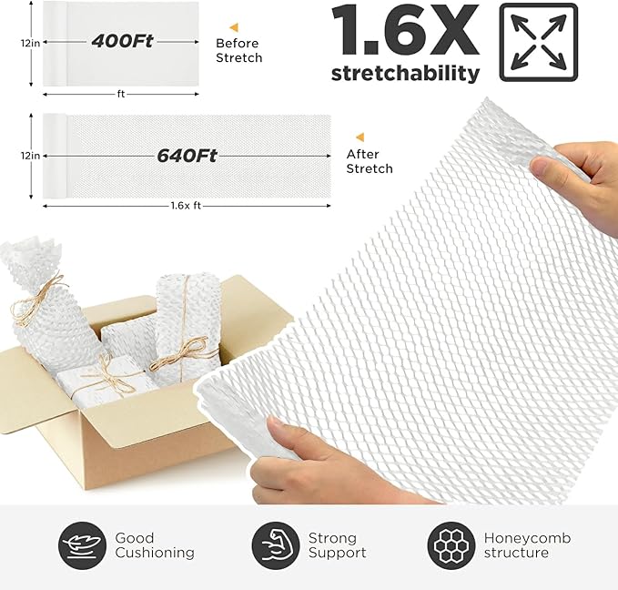 Honeycomb Packing Paper, 12"x400' White | Perforated Honeycomb Packing Paper Recyclable Moving Supplies for Shipping & Moving | Plastic-Free Alternative to Bubble Cushion Wrap with 36 Fragile Stickers