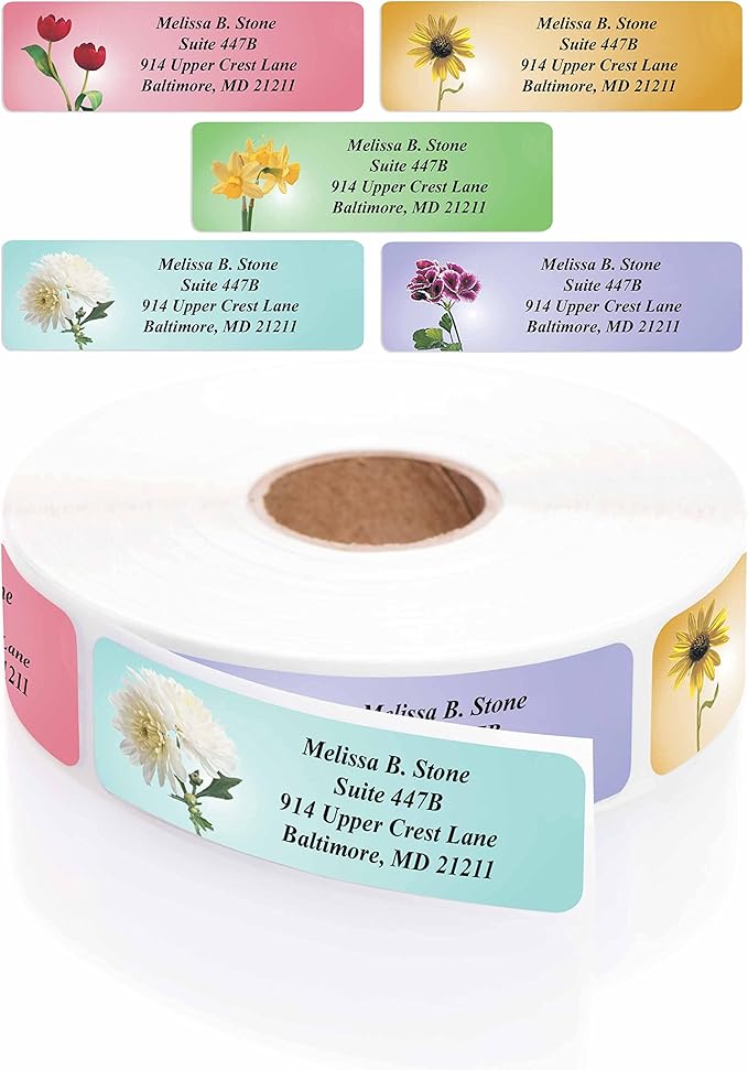 Garden Blossoms Designer Assorted Rolled Address Labels with Elegant Plastic Dispenser