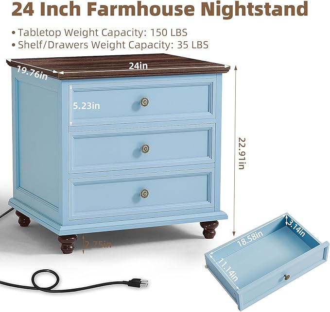 24" Wide Farmhouse Night Stand,Large End Table with 3 Drawers & Metal Handle,Light Blue Wood Dresser for Bedroom Cabinet, Bed Side Tabl·e Chest of Drawers,Nightstand for Living Room,Close