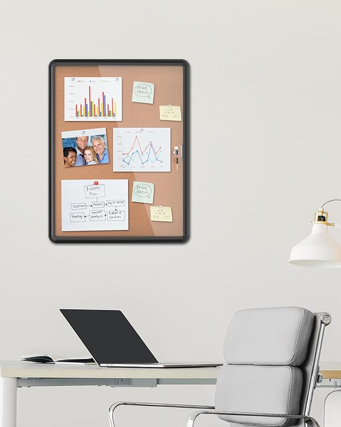 26"x20" Enclosed Bulletin Board, Lockable Weather-Resistant Aluminum Cork Noticeboard for School & Office, Black Frame w/Cork