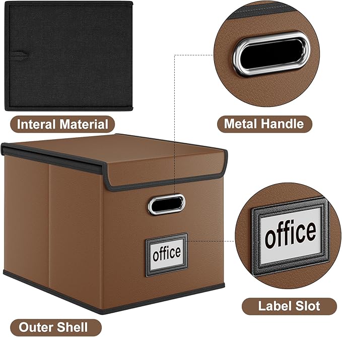 Huolewa File Organizer Boxes with Lids, Collapsible Faux Leather Hanging File Folder Box Organizer with Plastic Slide, Decorative Home/Office Filing System Boxes for File and Folders Storage