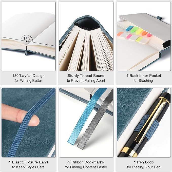 Graph Paper Notebook, 312 Numbered Pages A5 Hardcover Leather Journal, 100gsm No Bleed Grid Paper Notebook with Index Pages, Grid Notebook for Graphing Notes Math, 5.75" x 8.38", Grey Blue