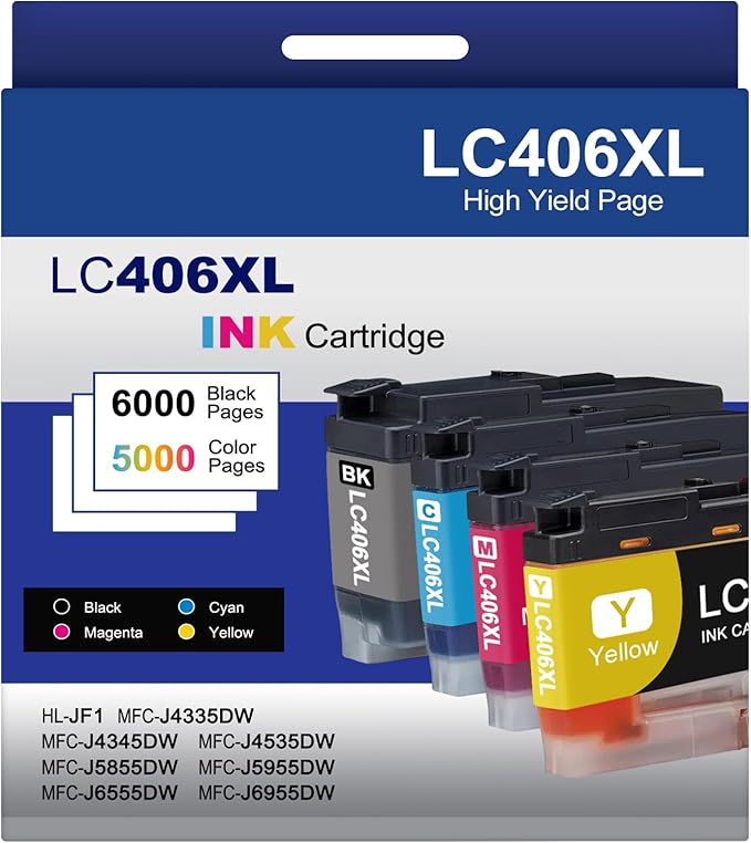 4-Pack LC406XL Ink Cartridges Compatible for Brother MFC-J4335DW MFC-J5855DW MFC-J6555DW MFC-J4535DW MFC-J6955DW MFC-J4345DW MFC-J5955DW Printer, Black Cyan Magenta Yellow