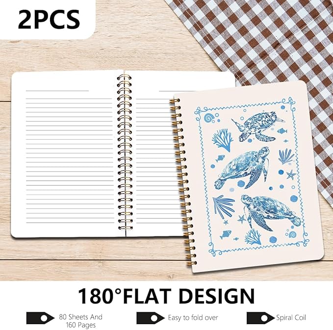 2 Pcs Sea Turtle Spiral Notebooks for Work, A5(8.3x5.8inch) Composition Notebook College Ruled Note Book, Blue Coral Notepads Lined Travel Journal for Writing, Cute Diary Sea Turtle Gifts for Women