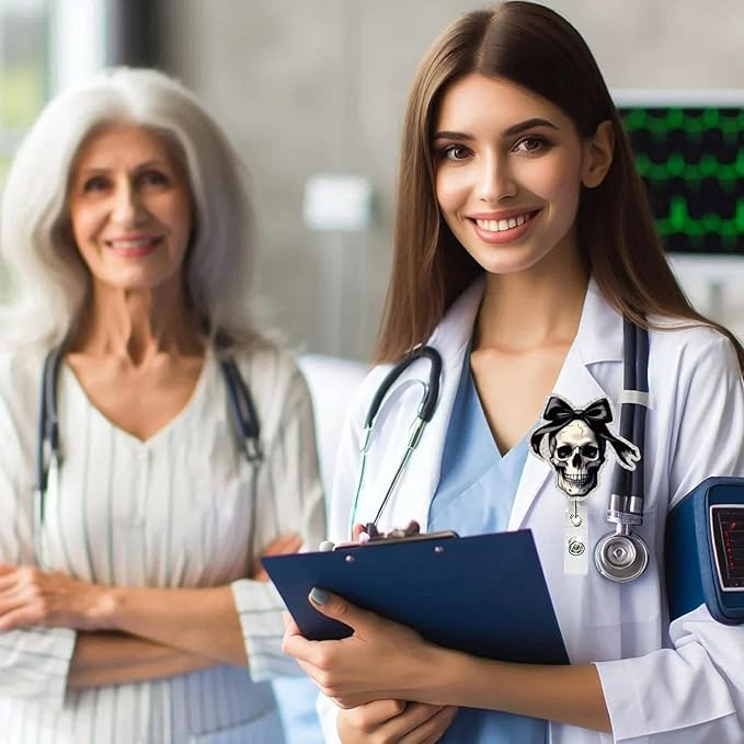 Halloween Skull Badge Reel Retractable for Nurse Nursing Student Medical Worker & Office Staff Acrylic Alligator Clip Badge Reel Halloween Skeleton with Bow ID Card Badge Holder Gifts