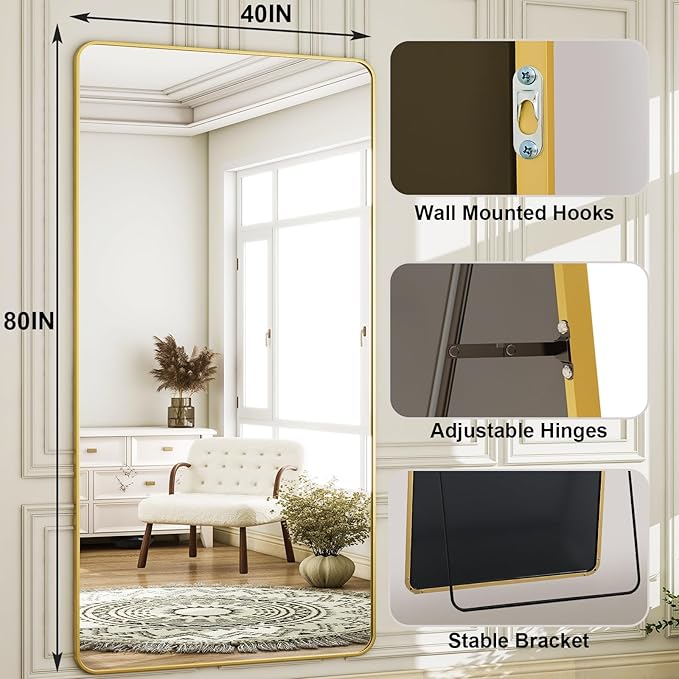 HARRITPURE 80x40 inch Oversized Full Length Mirror Aluminum Frame Floor Mirror Rectangular Full Body Mirror with Stand for Living Room,Bedroom,Cloakroom,Gold