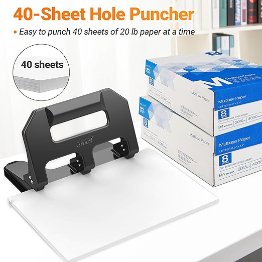 3 Hole Punch Heavy Duty, AFMAT 3 Hole Puncher for Binder, 10000+ Punching Times, 40-Sheet Three Hole Punch, Metal Hole Puncher 3 Ring, 50% Reduced Effort, Bulit-in S.S. Paper Guide, Gray