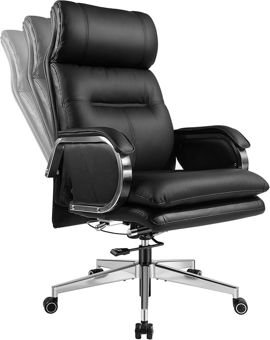 Genuine Leather Modern Executive Chair High-Back Support 90 to 150 Degrees Tilt and Upholstered Home Desk Chair with Base 360LB Capacity Swivel Computer Office Chair (Black)