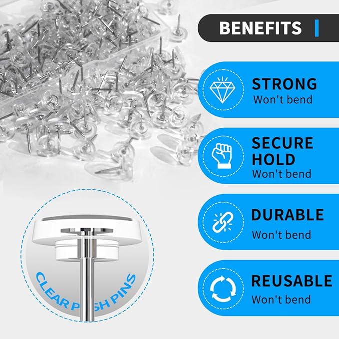 150 PCS Clear Push Pins Tacks Count in Reusable Box for Bulletin Boards and Wall Displays Heavy Duty Plastic Head