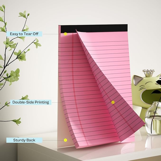 360 Sheets Pink Note Pads 5" x 8" Pack of 12 Small Legal Pads College Ruled Lined Paper with Micro-Perforated Writing Notebook 30 Sheets per Pad Small Notepad for School, Office & Home Supplies