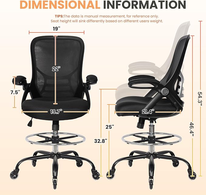 HYLONE Drafting Chair Adjustable, Tall Office Chair Lumbar Support Ergonomic Standing Desk Chair Heavy Duty Tall Drafting Stool for Artists with Footrest Home Office Drafting Stool
