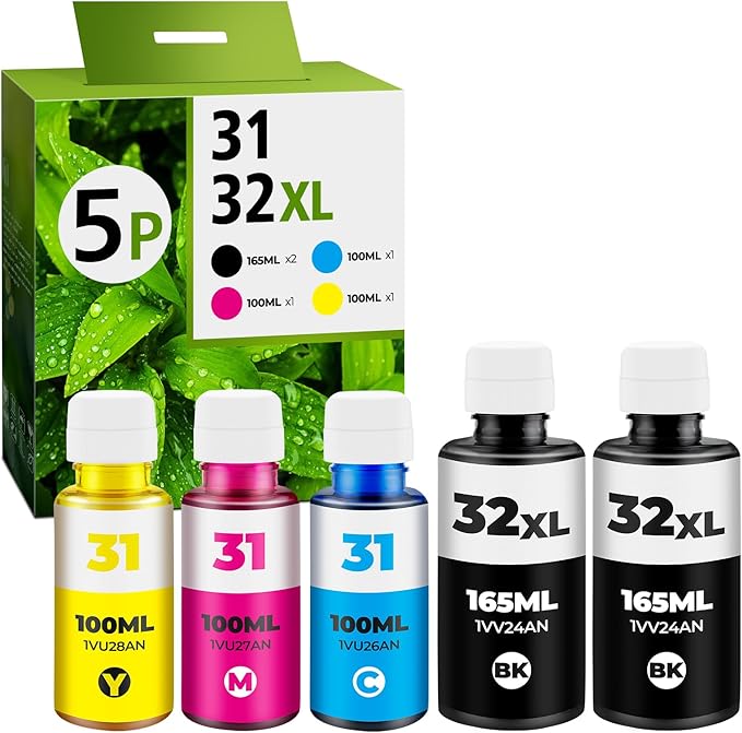 31 Ink 32XL Black Ink Bottle Set for Smart Tank Ink 7602 5101 651 5000 5103 6001 7301 7001 Compatible with HP 31 32XL Ink Bottle Set for Smart Tank 5101 5000 7602 7301 7001 5102 7002 7006 551 Printers