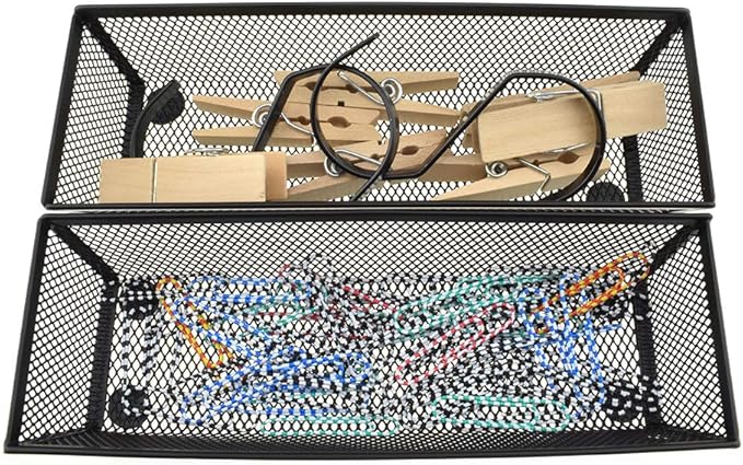 HAHIYO Stackable Mesh Tray Cup 9 x 3 x 2 inches Sturdy Container for Desk Drawer Organizer Collection for Home Office School kitchen Soft Foam Feet No Sharp Edges 2 Pack Black