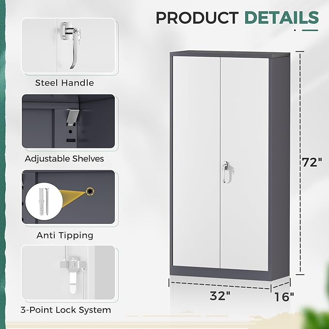Greenvelly Metal Garage Storage Cabinet, Tall Steel Storage Cabinets with 2 Doors and 4 Adjustable Shelves, Metal Tool Cabinets, Locking File Cabinet for Home Office, Garage, School (Gray White)