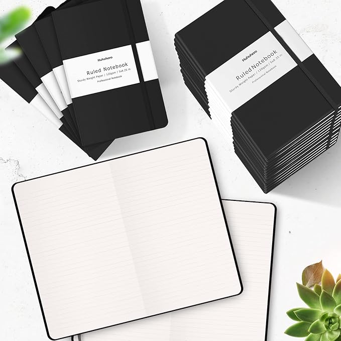 Huhuhero Lined Journal Notebook, 20 Pack Hardcover College Ruled Notebooks for Work School Note Taking, 120 Gsm Thick Paper Journals for Writing, Office School Supplies, 5"×8.25", Black