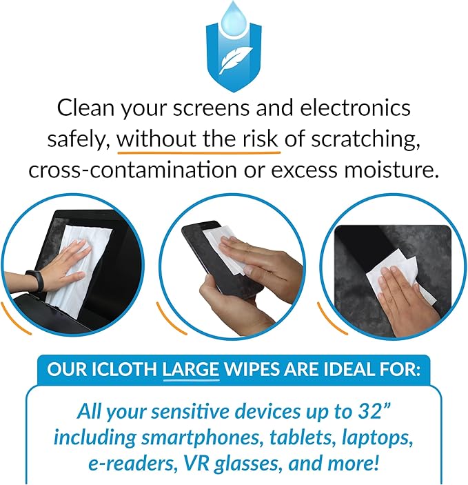 iCloth Large Screen Cleaning Wipes for Electronics, Lint-Free and Streak-Free, Fast-Drying, Removes Dust, Fingerprints, and Smudges (1200 Wipes)